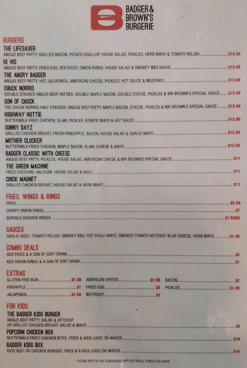 Menu, Badger & Brown's Burgerie