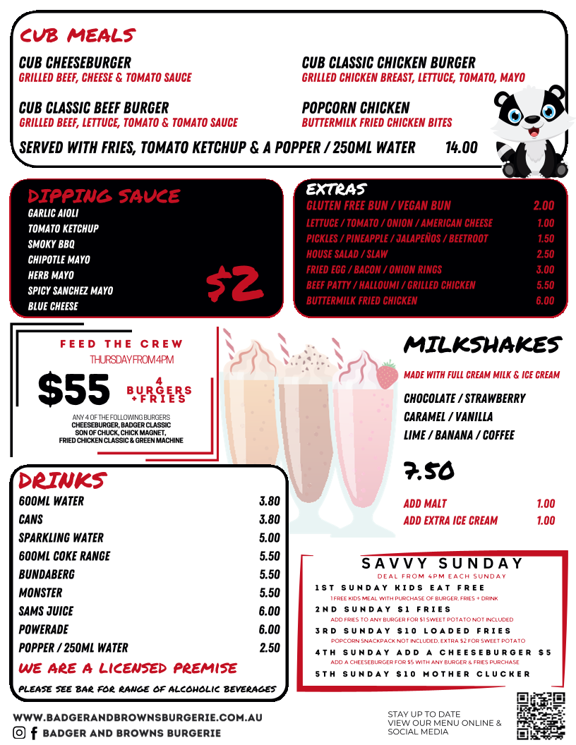 Menu, Badger & Brown's Burgerie