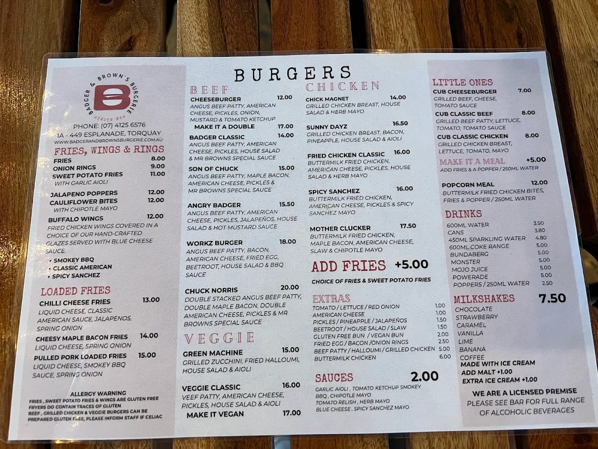 Menu, Badger & Brown's Burgerie