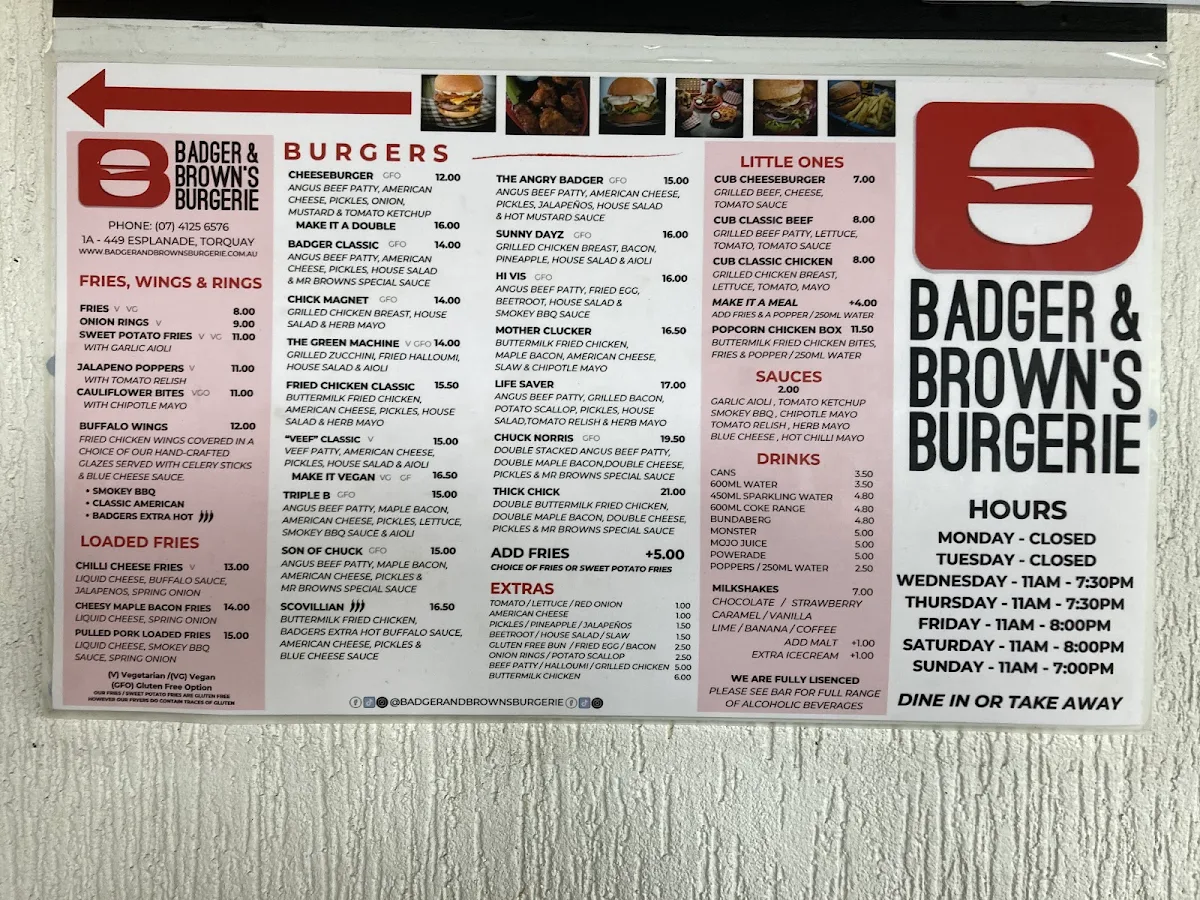 Menu, Badger & Brown's Burgerie