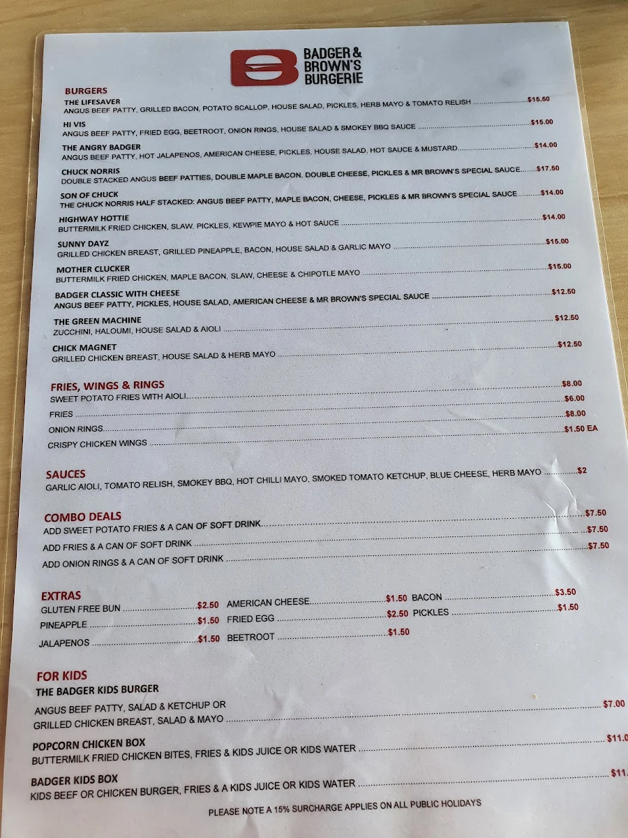 Menu, Badger & Brown's Burgerie