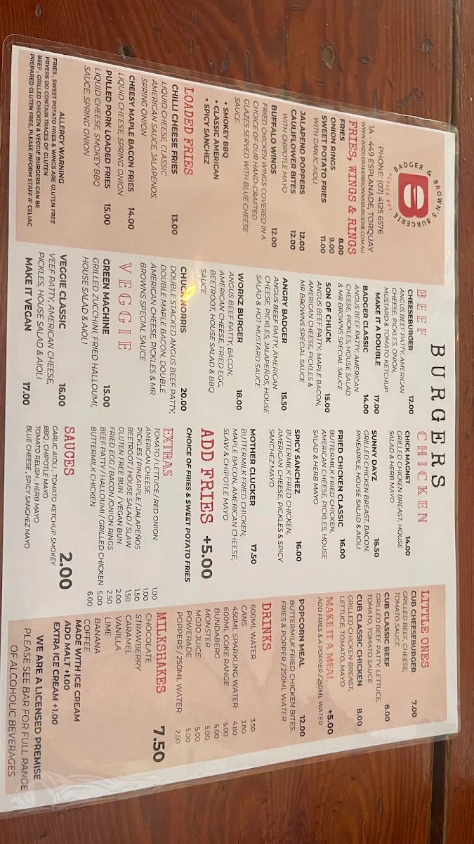 Menu, Badger & Brown's Burgerie