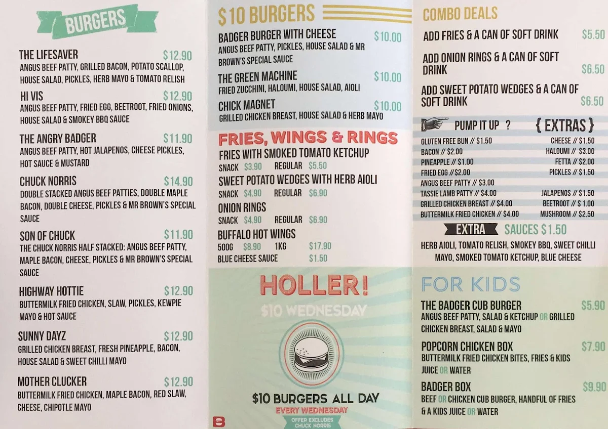 Menu, Badger & Brown's Burgerie