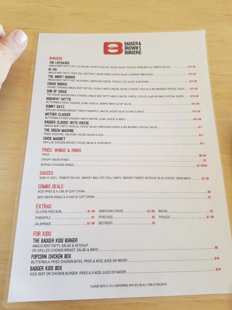 Menu, Badger & Brown's Burgerie