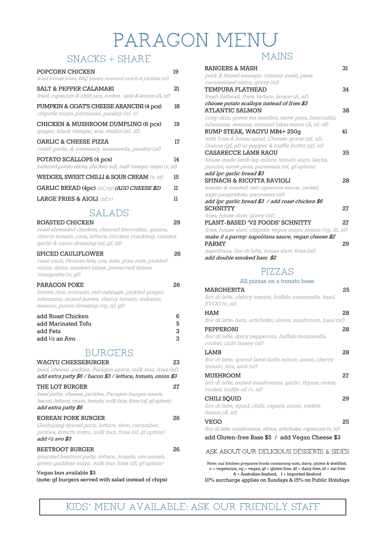 Menu, Paragon Hotel