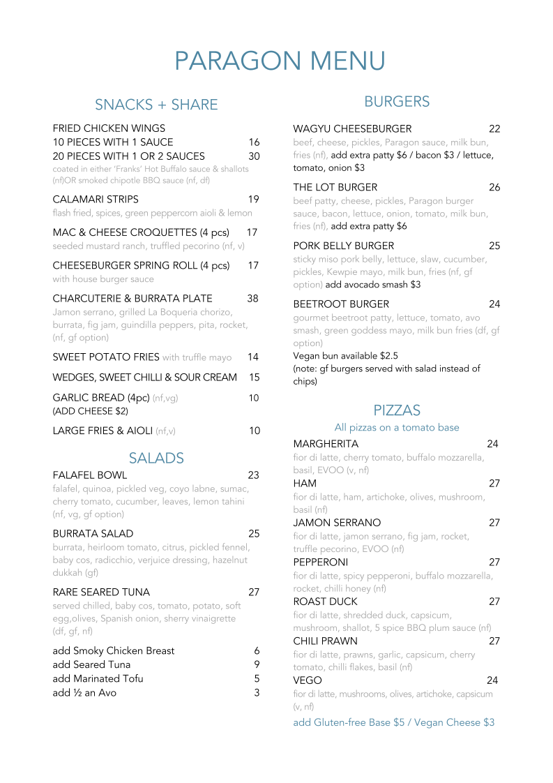 Menu, Paragon Hotel