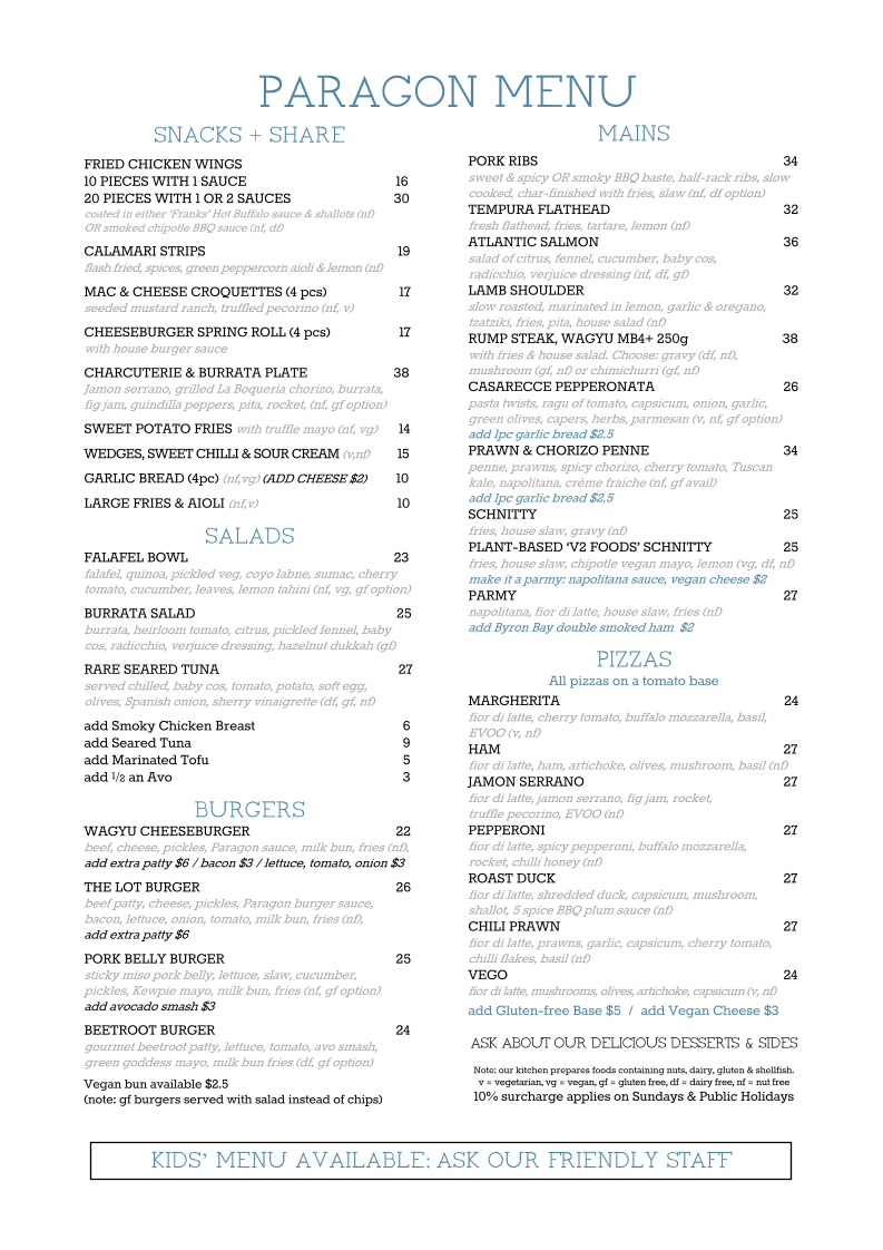 Menu, Paragon Hotel