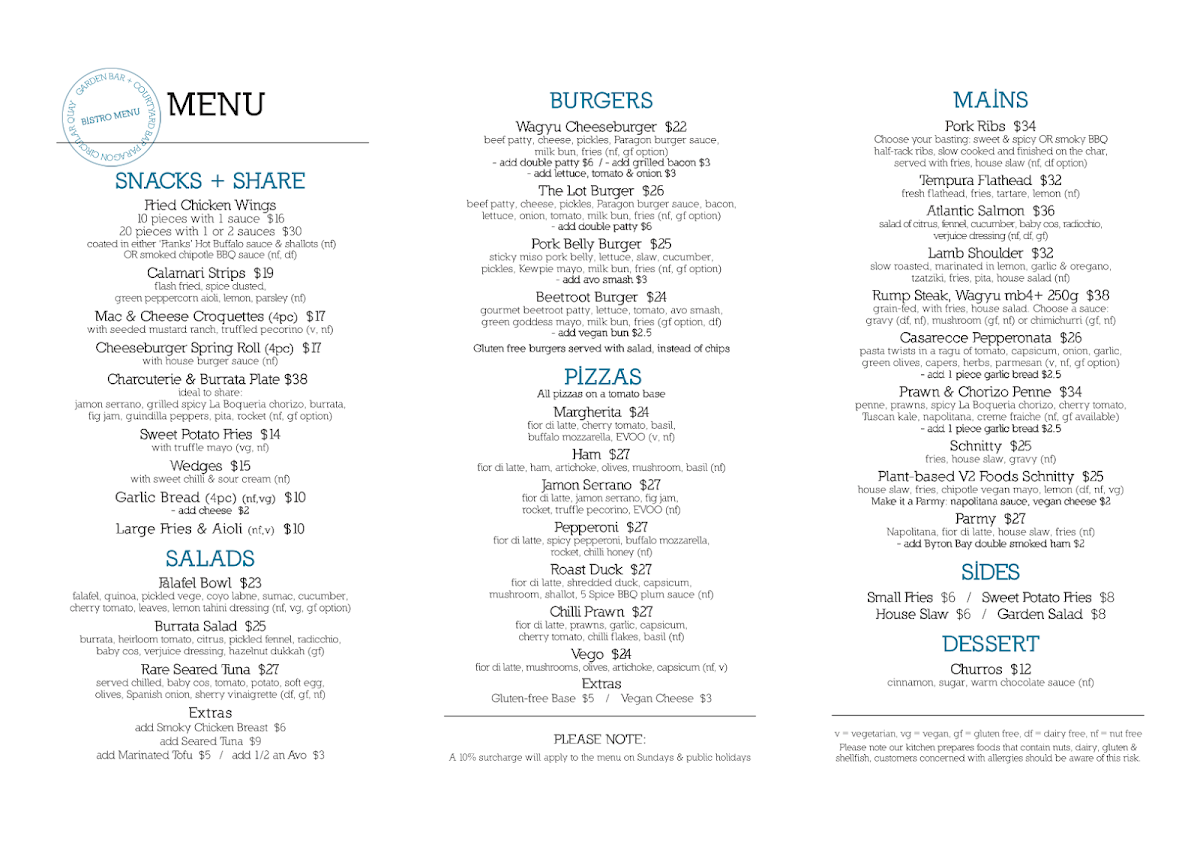 Menu, Paragon Hotel