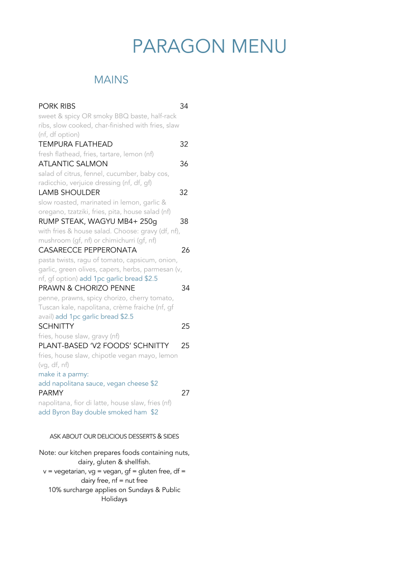 Menu, Paragon Hotel