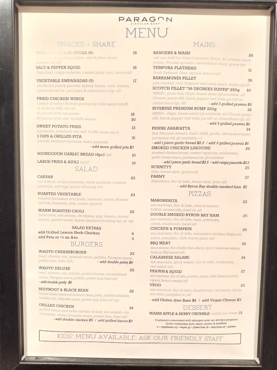 Menu, Paragon Hotel