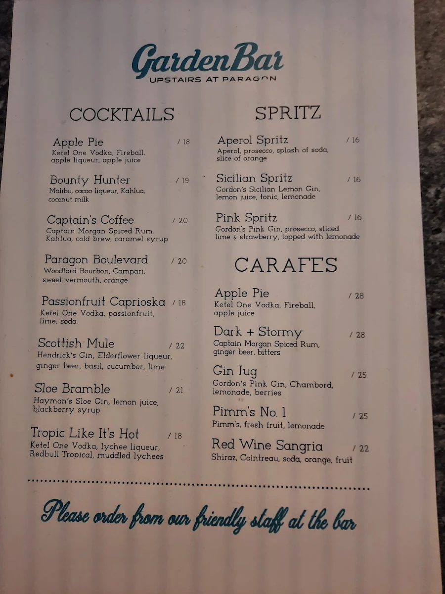 Menu, Paragon Hotel