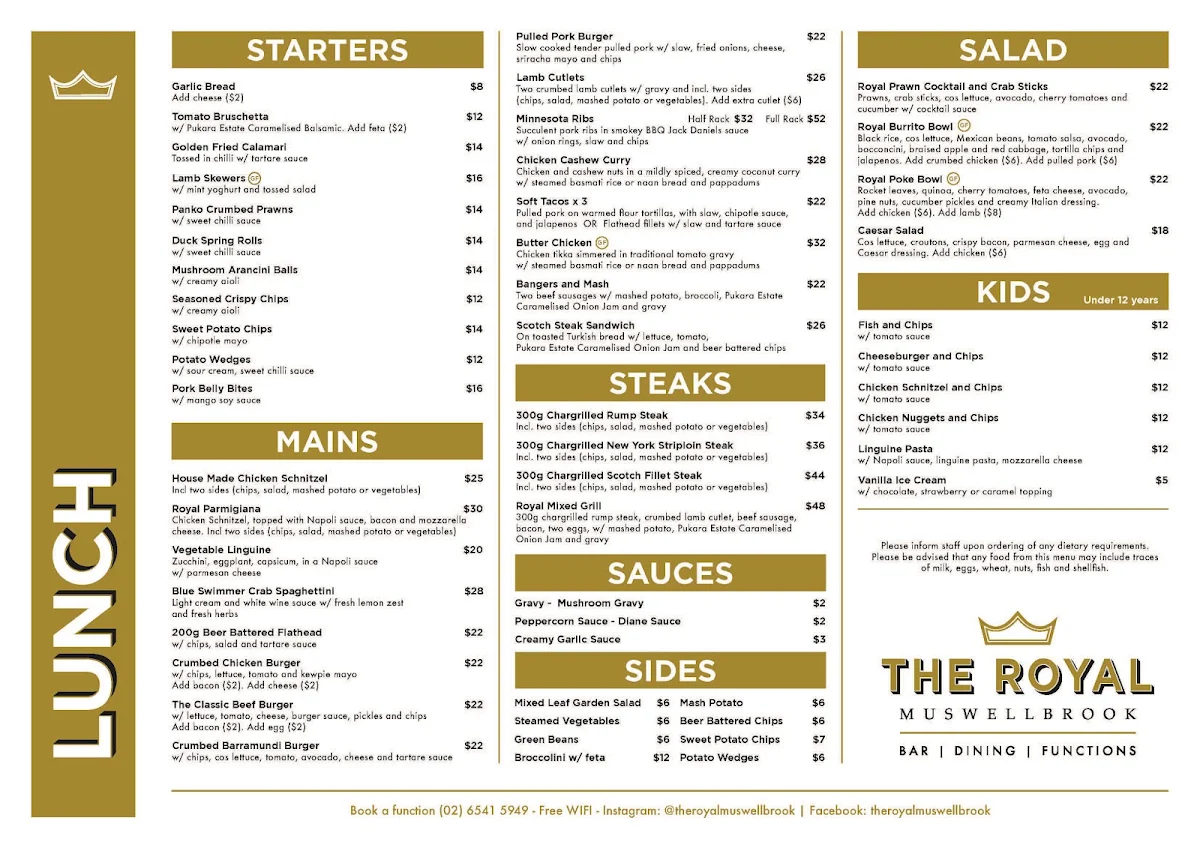 Menu, Royal Hotel Muswellbrook