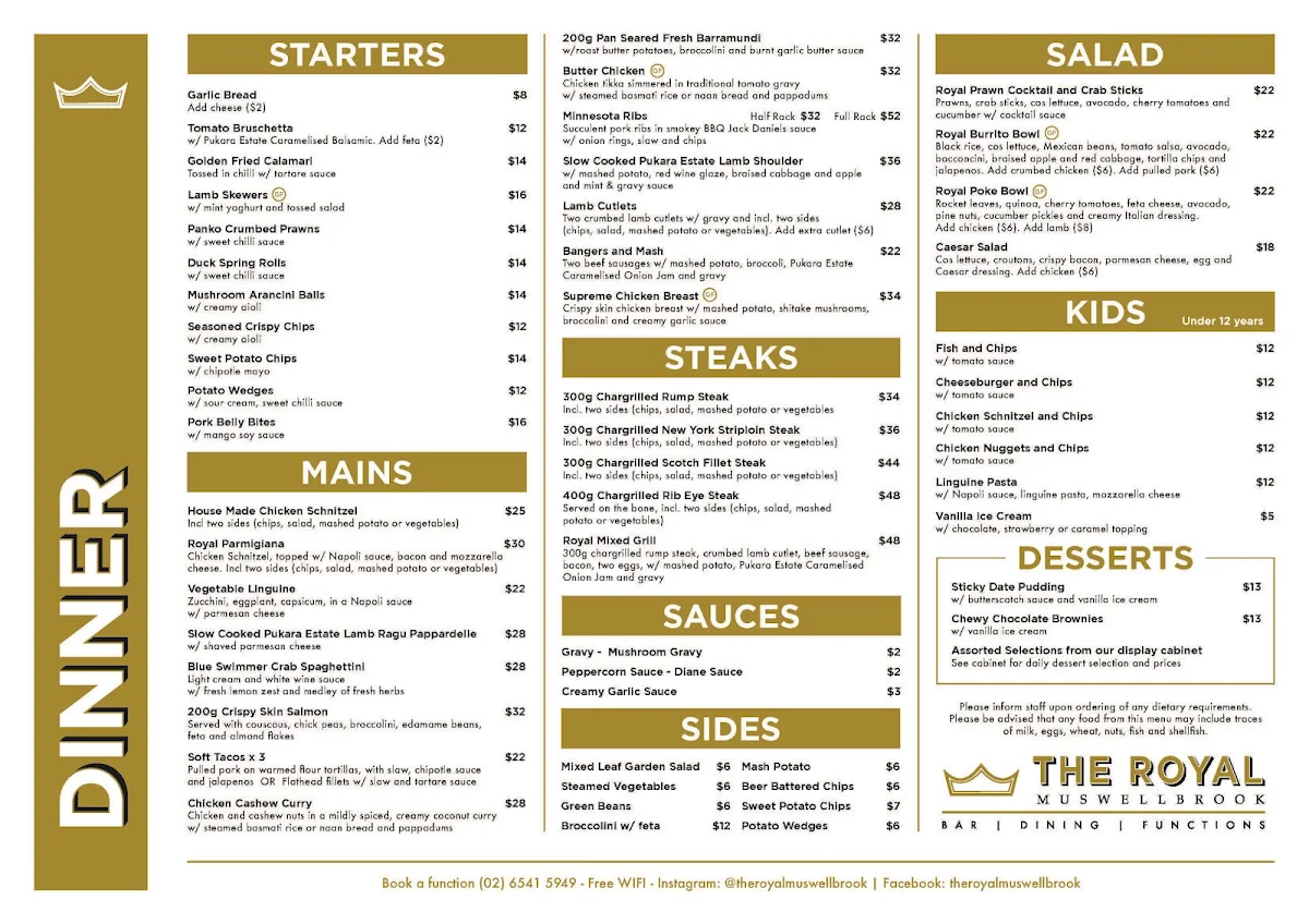 Menu, Royal Hotel Muswellbrook