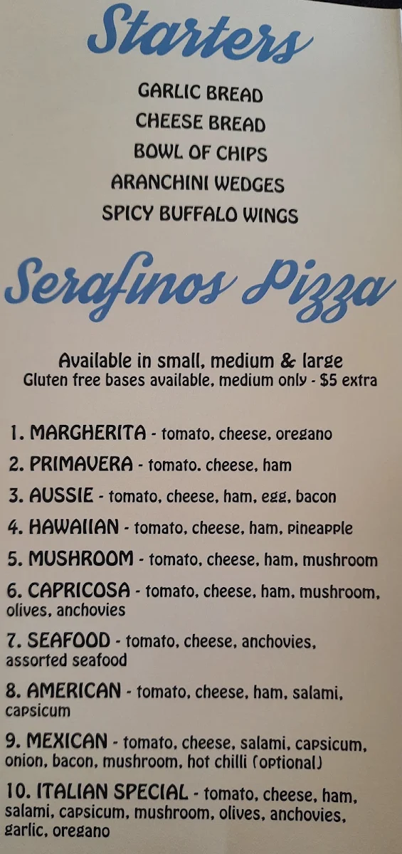 Menu, Serafinos Blue Lounge Pizzeria