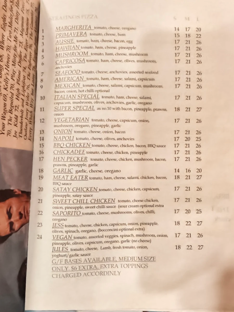 Menu, Serafinos Blue Lounge Pizzeria