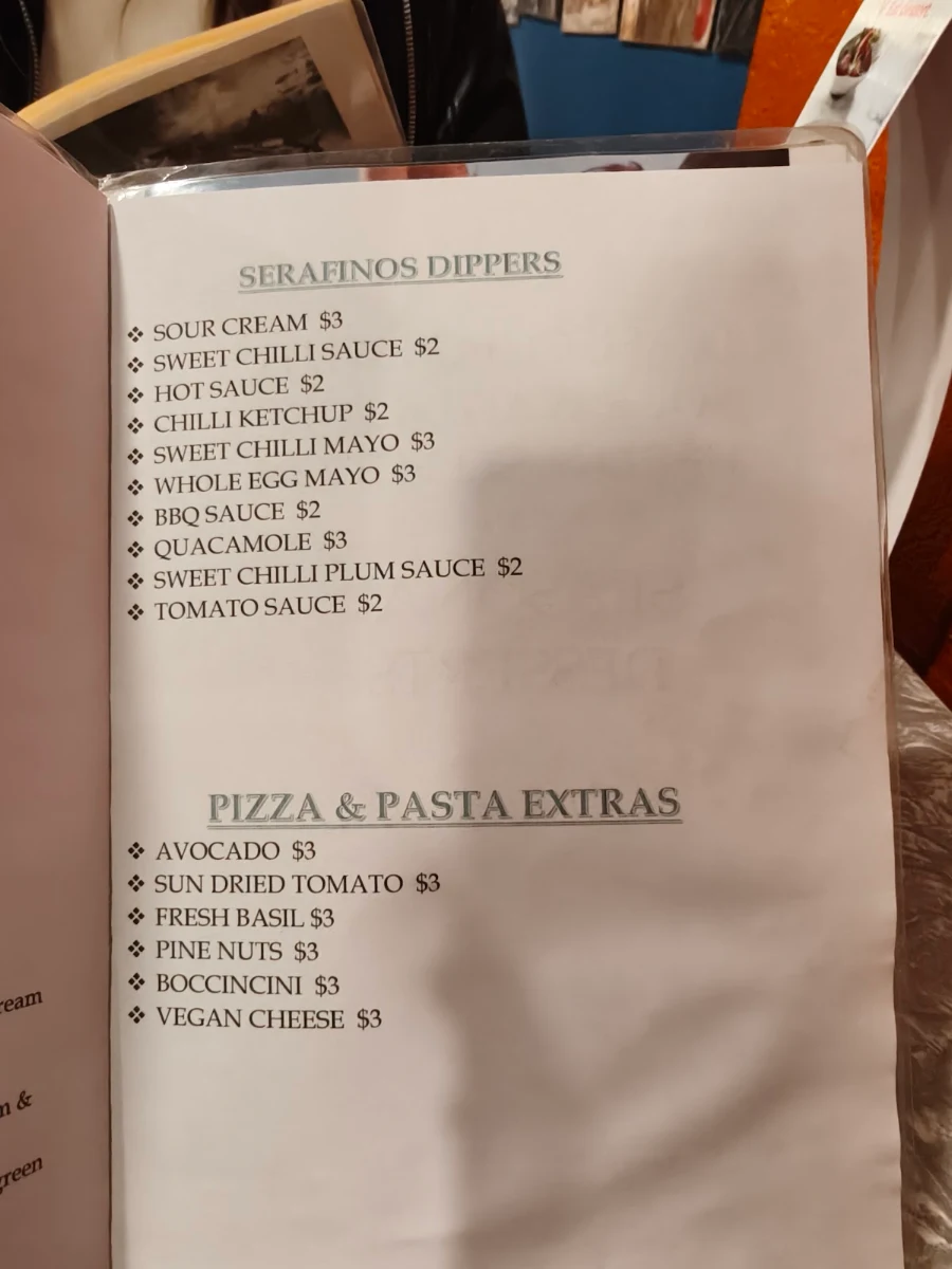 Menu, Serafinos Blue Lounge Pizzeria