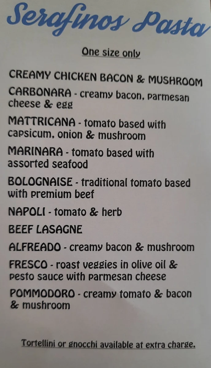 Menu, Serafinos Blue Lounge Pizzeria
