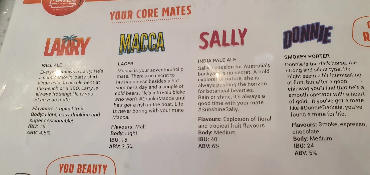 Menu, Your Mates Brewing Co.