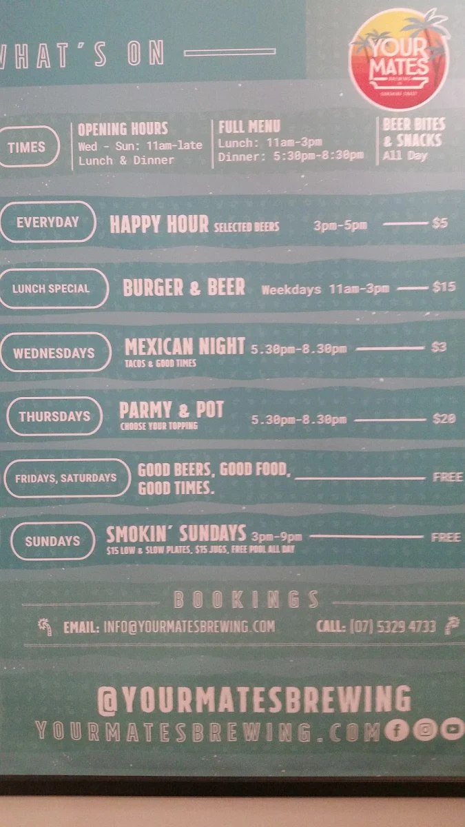 Menu, Your Mates Brewing Co.