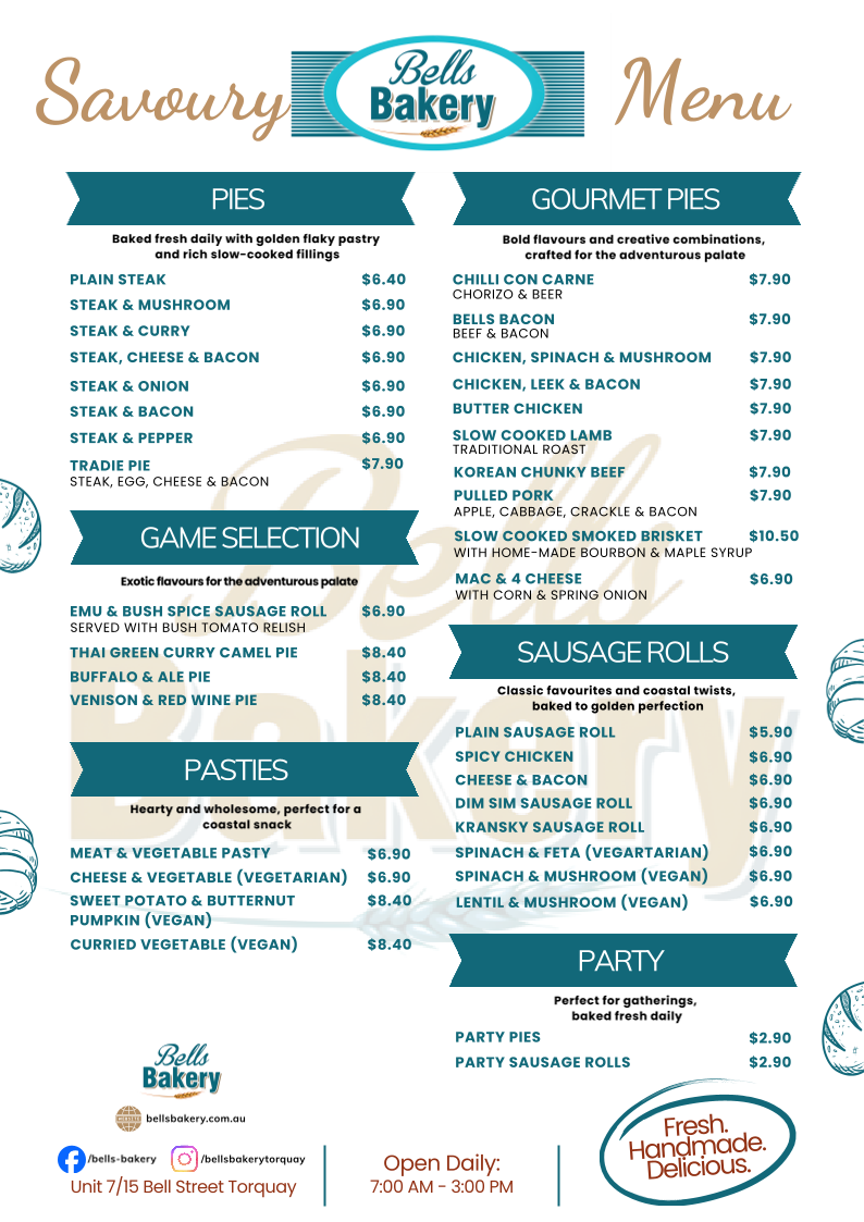 Menu, Bells Bakery