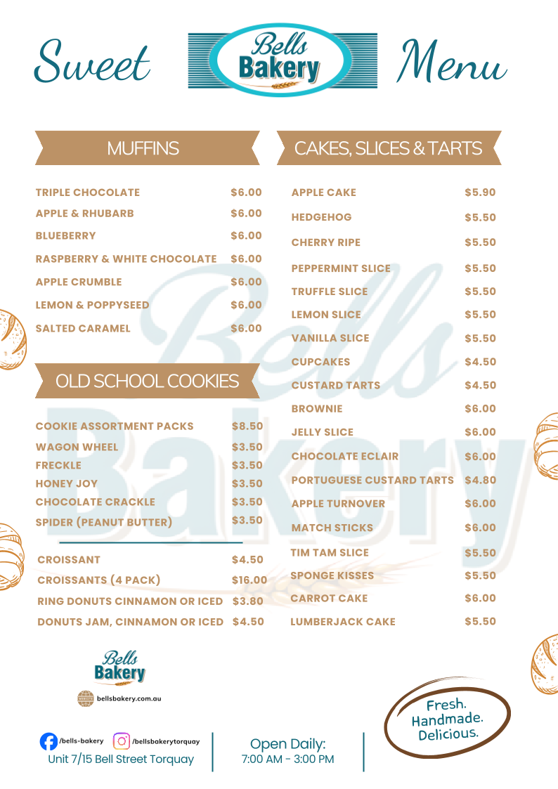 Menu, Bells Bakery