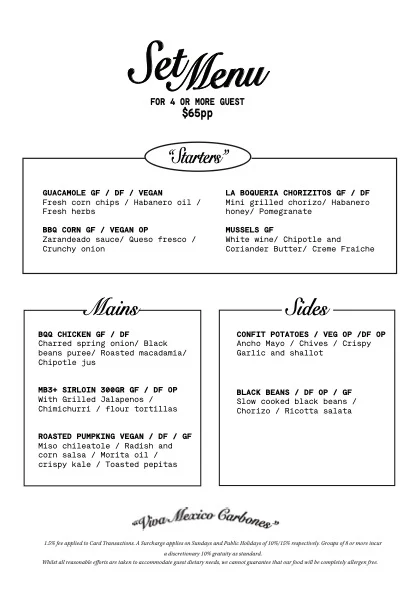 Menu, Carbon Mexican Woodfire Restaurant Bondi