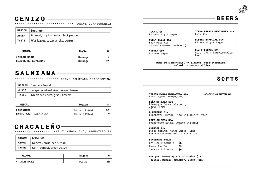 Menu, Carbon Mexican Woodfire Restaurant Bondi