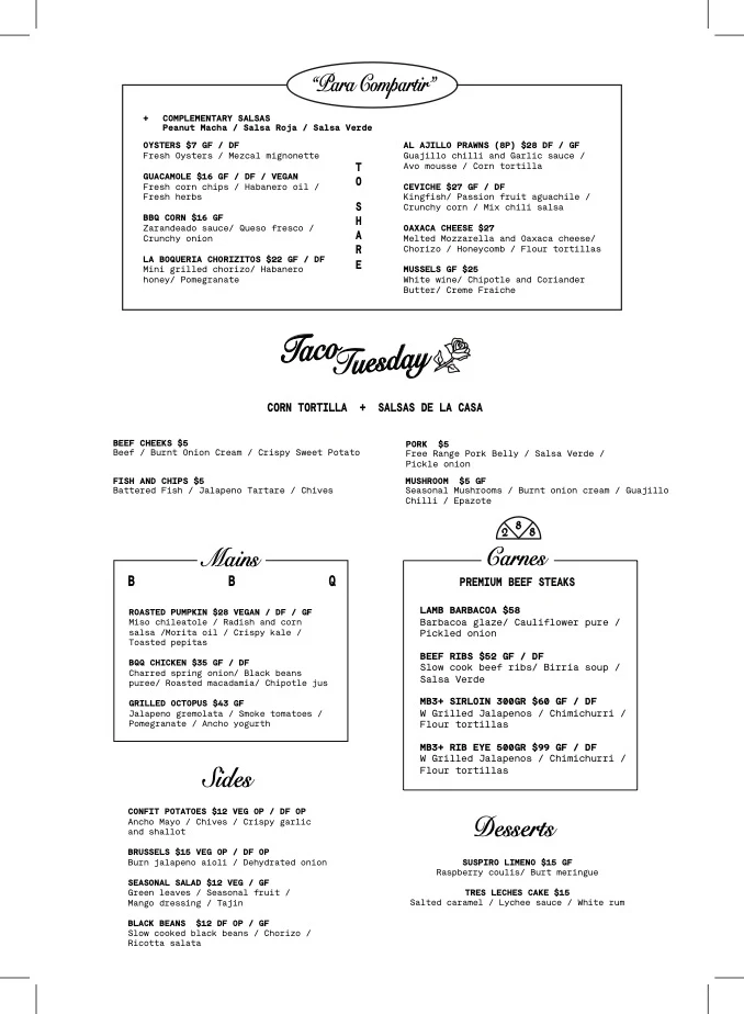 Menu, Carbon Mexican Woodfire Restaurant Bondi
