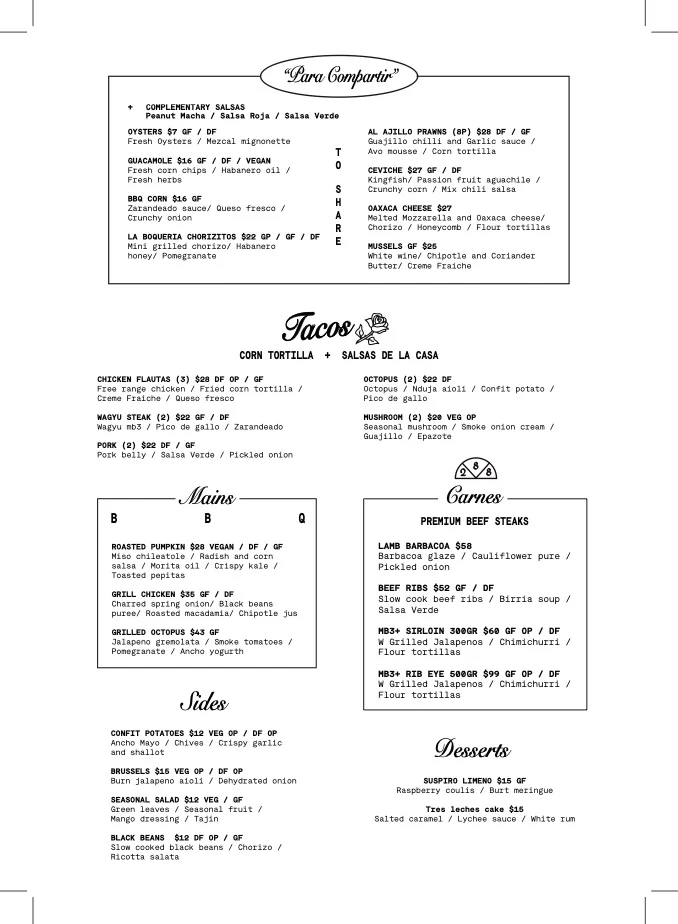 Menu, Carbon Mexican Woodfire Restaurant Bondi