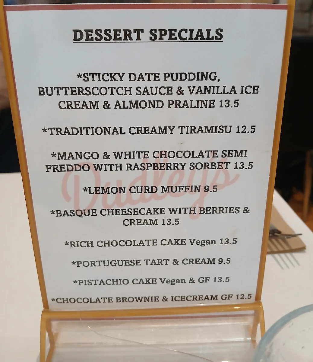 Menu, Dudley's