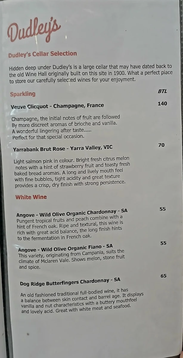 Menu, Dudley's