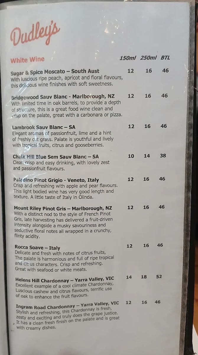 Menu, Dudley's
