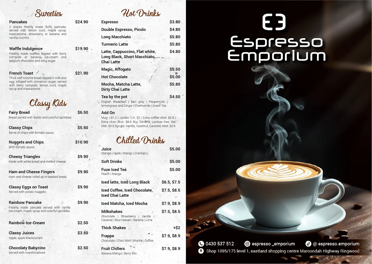 Menu, Espresso emporium