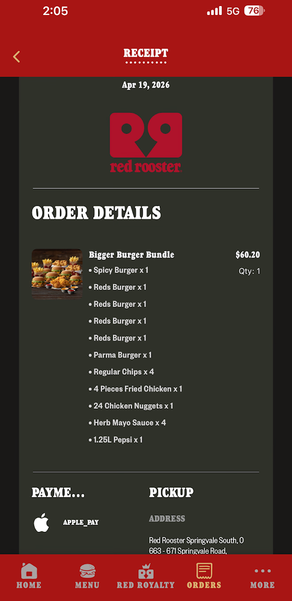 Menu, Red Rooster South Springvale
