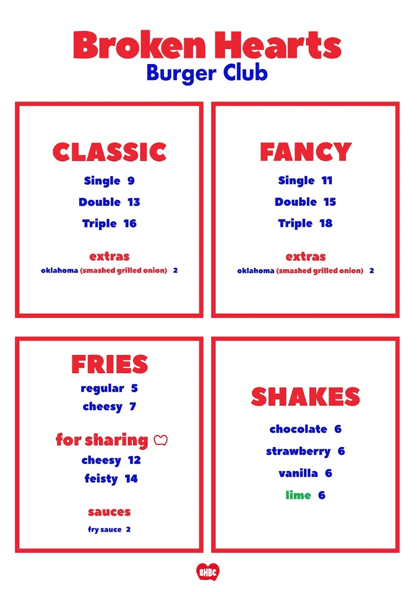 Menu, Broken Hearts Burger Club