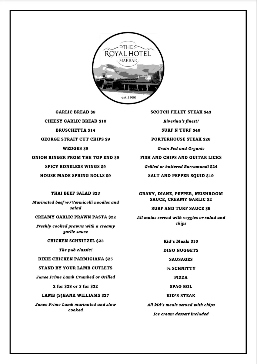 Menu, Marrar Hotel