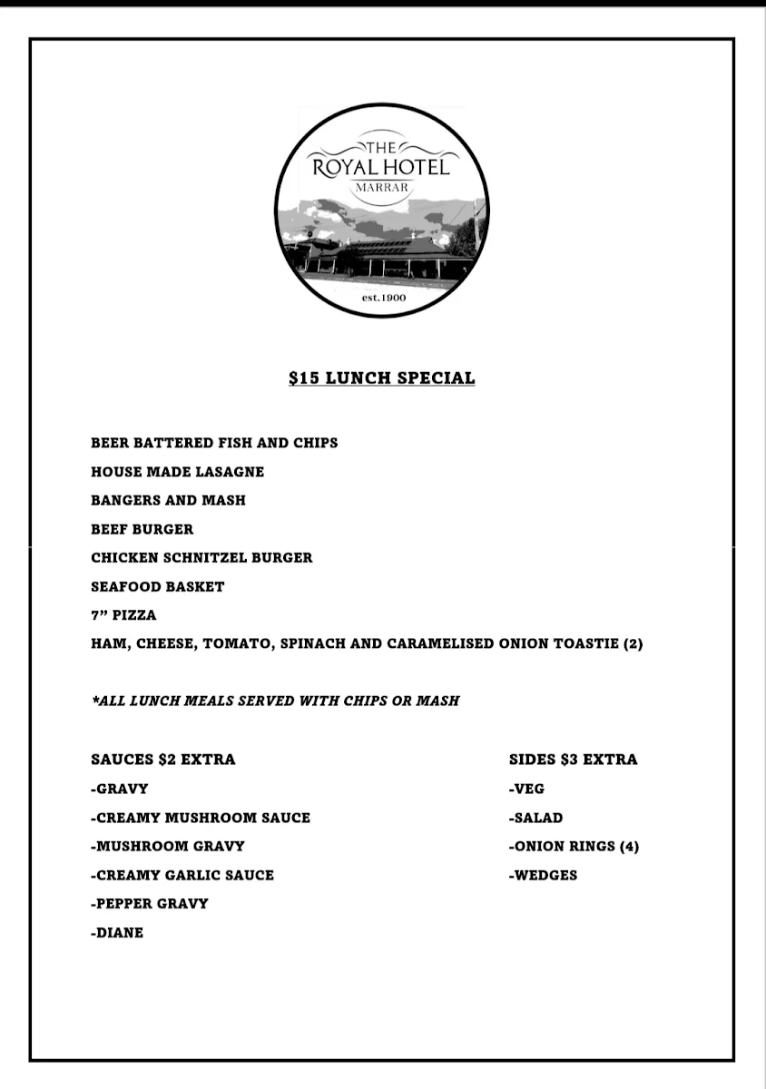 Menu, Marrar Hotel