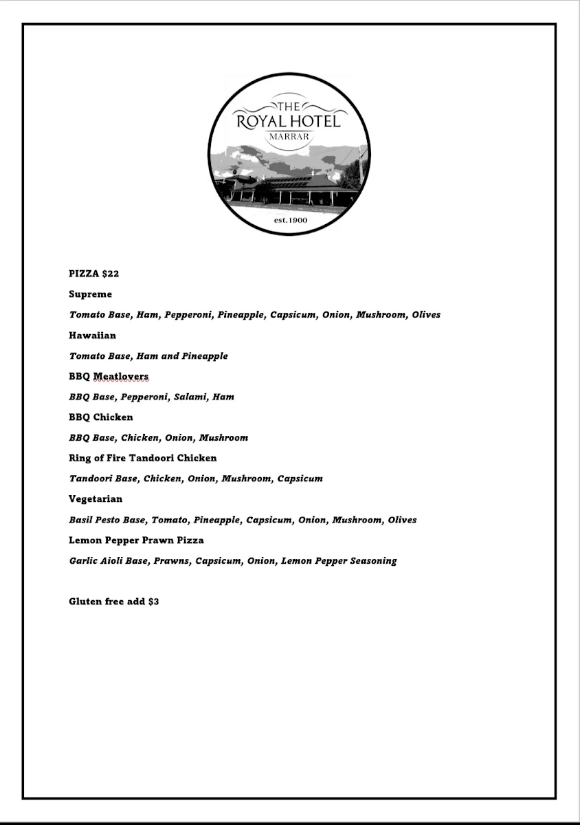 Menu, Marrar Hotel