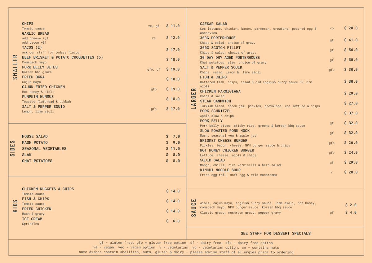 Menu, Northern Public House