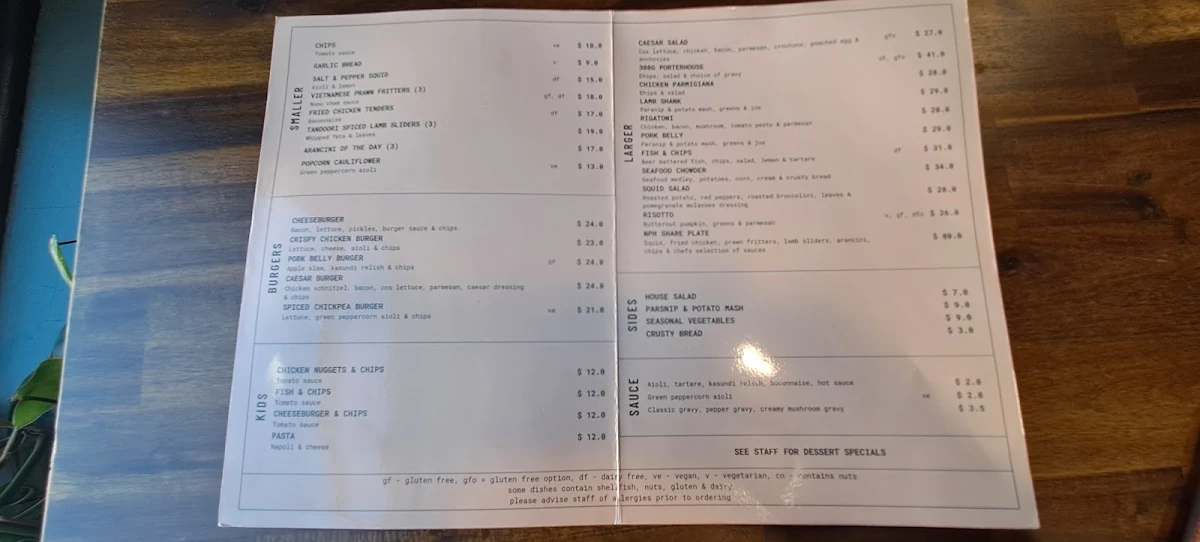 Menu, Northern Public House