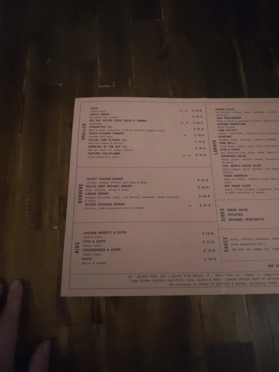 Menu, Northern Public House