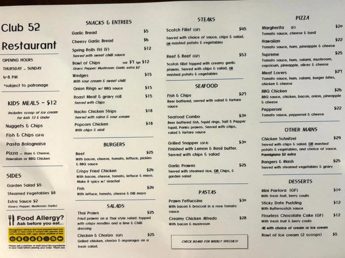 Menu, Deanmill workers club Inc & Club 52 Restaurant