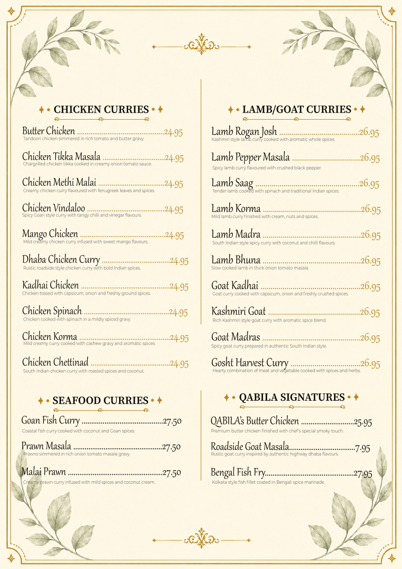 Menu, Qabila Restaurant & Bar