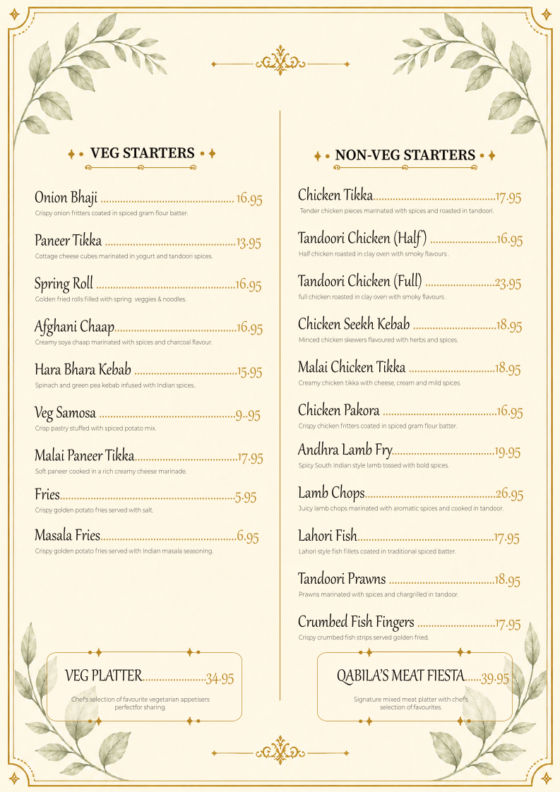 Menu, Qabila Restaurant & Bar