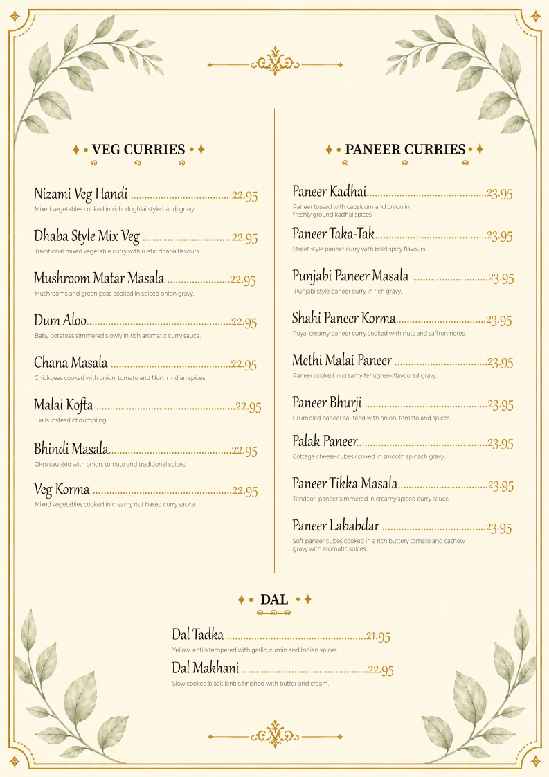 Menu, Qabila Restaurant & Bar