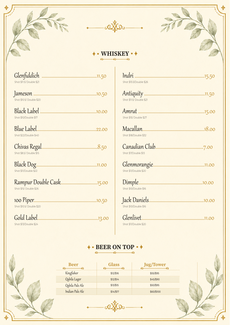 Menu, Qabila Restaurant & Bar