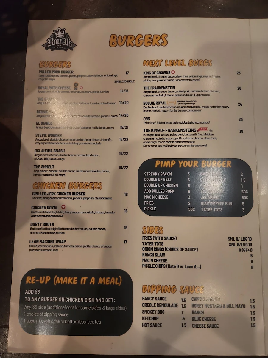 Menu, RoyAl's Chicken and Burgers