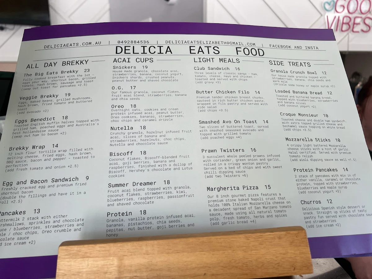 Menu, Delicia Acai + Protein Bar Elizabeth