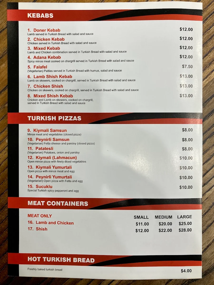 Menu, Melbourne Kebab Station