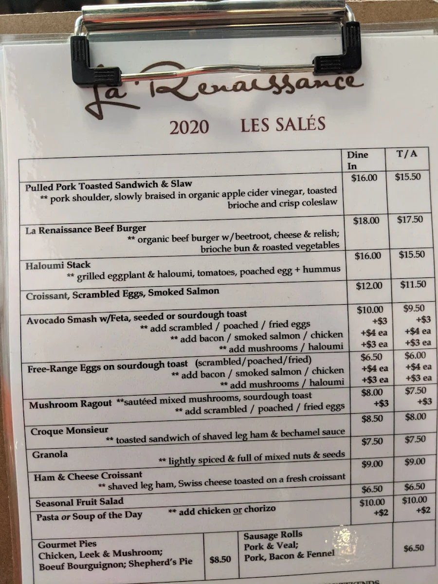 Menu, La Renaissance Patisserie & Cafe